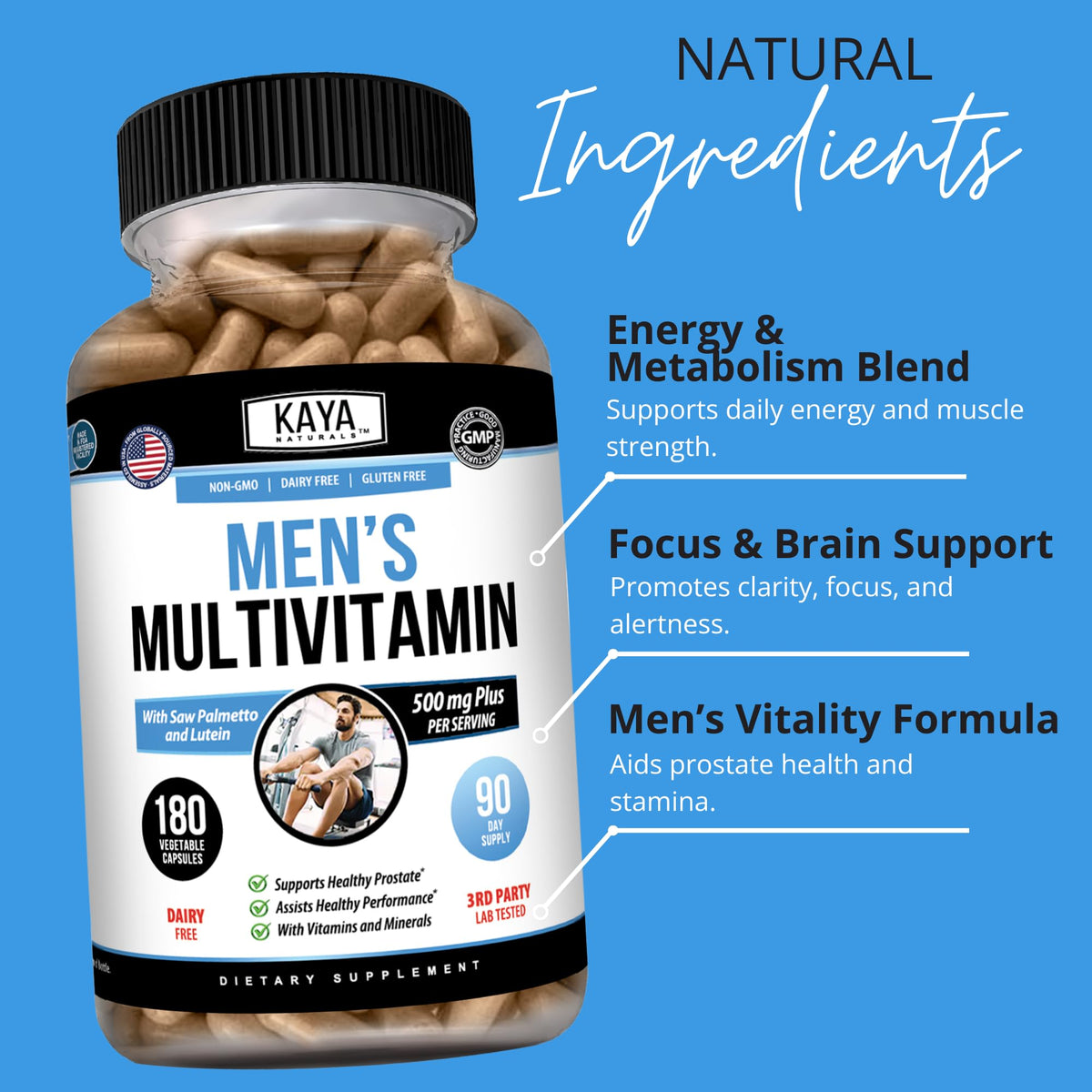Kaya Naturals Multivitamines pour Hommes 180 Capsules avec un verre d'eau