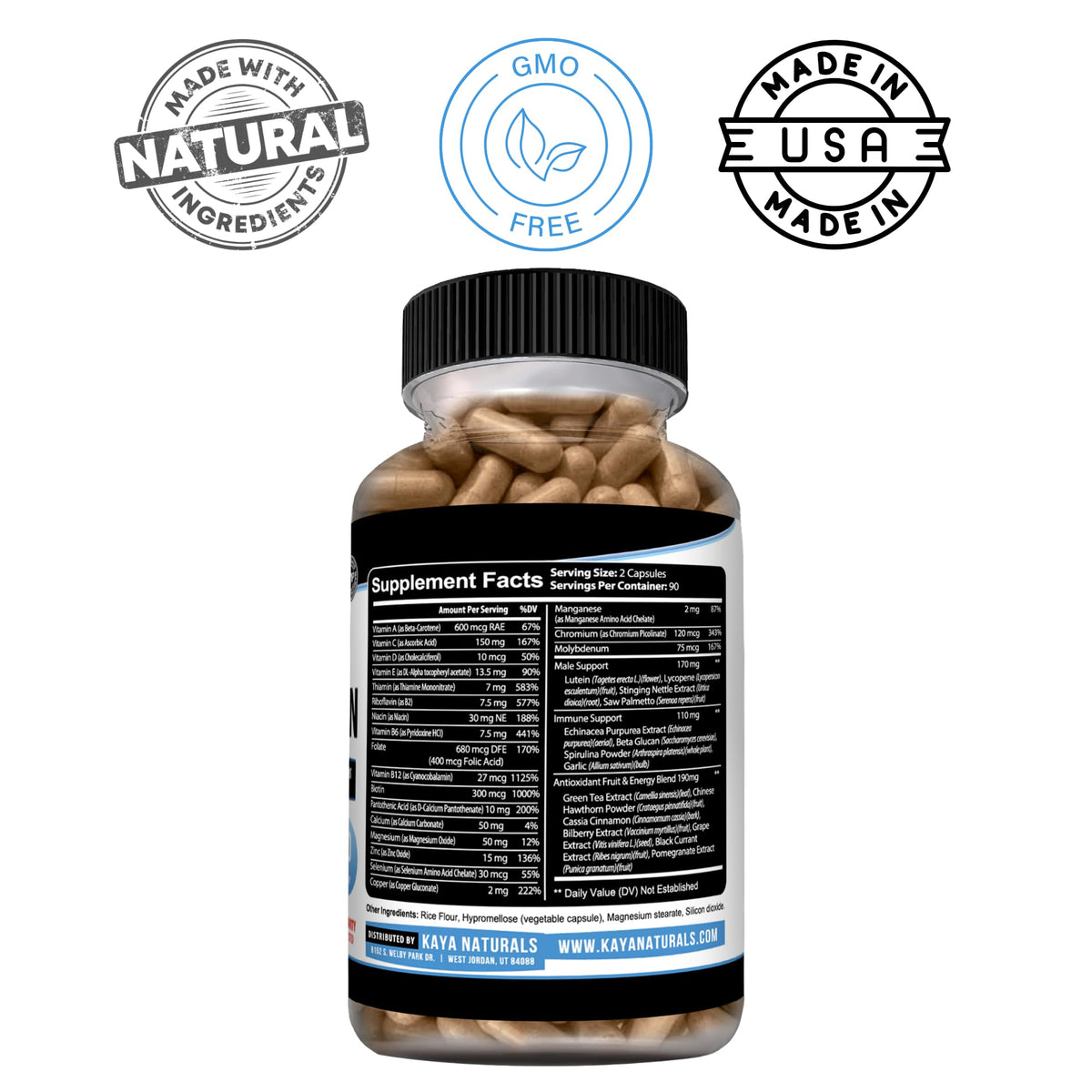 Kaya Naturals Multivitamines pour Hommes 180 Capsules ouvertes montrant les capsules