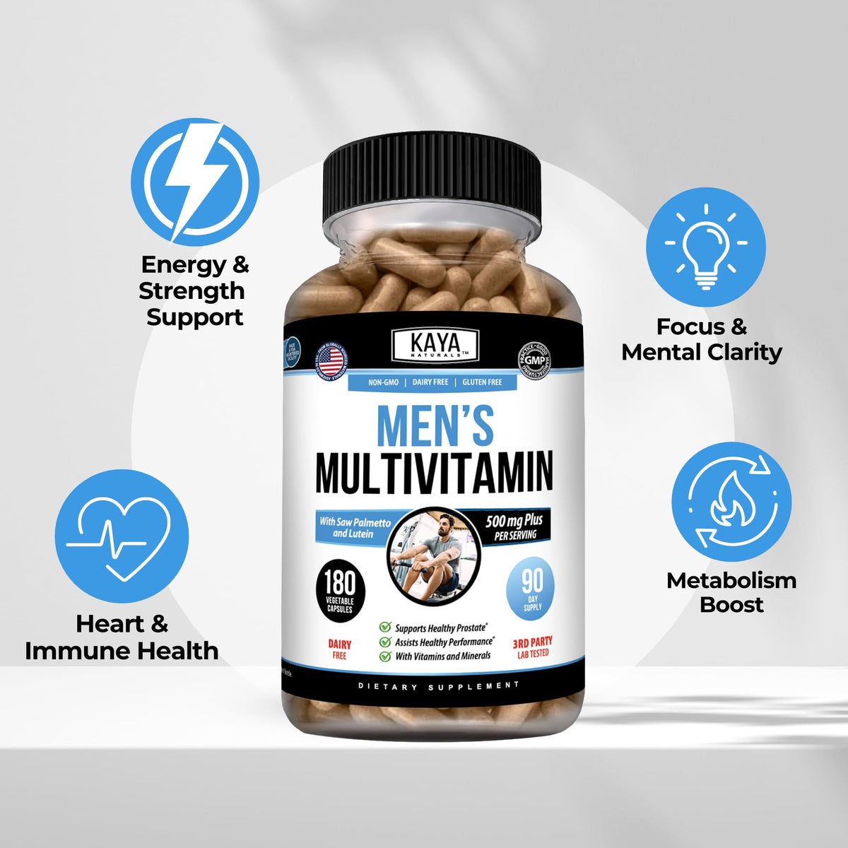Kaya Naturals Multivitamines pour Hommes 180 Capsules sur une table en bois