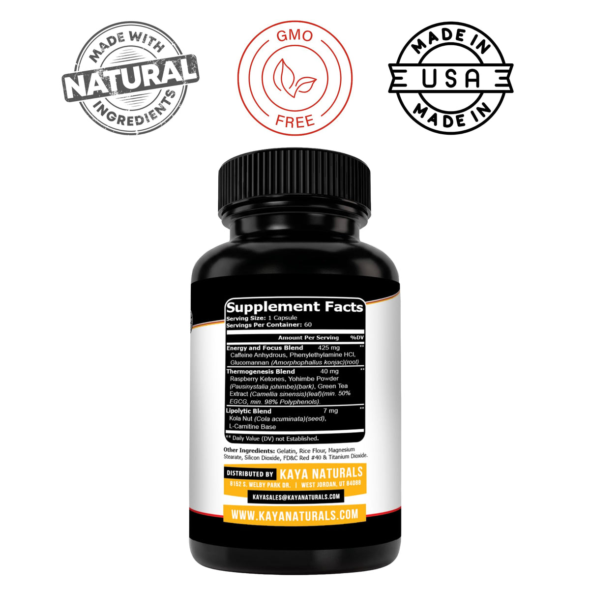 Kaya Naturals Oxy Burn capsules sur fond blanc
