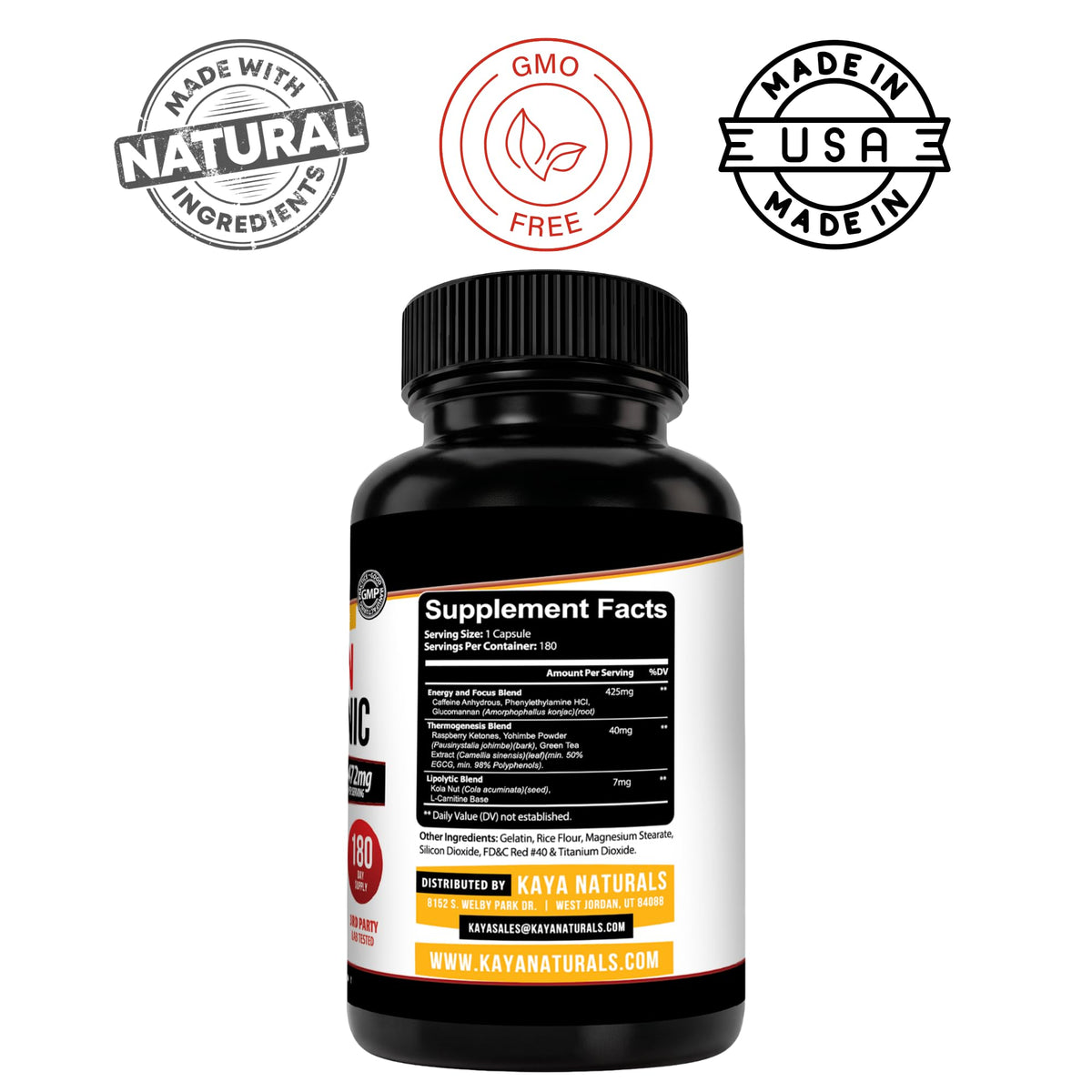 Kaya Naturals Oxy Burn ingrédients principaux sur fond blanc