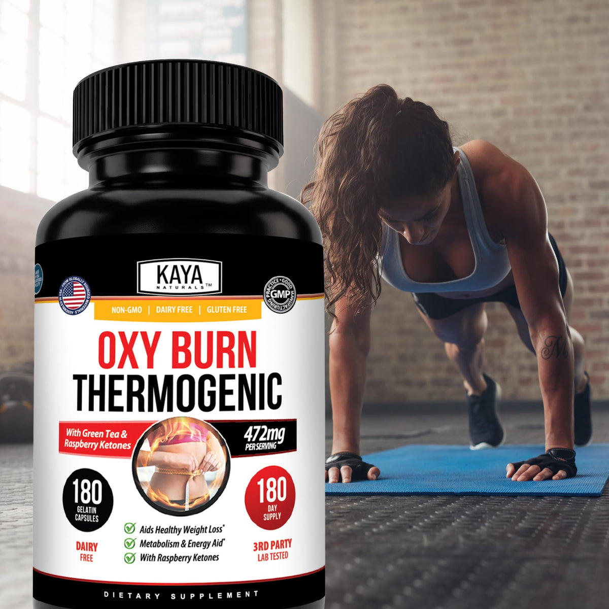 Kaya Naturals Oxy Burn sur un bureau avec des équipements de sport