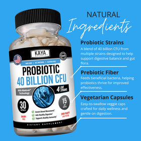 Kaya Naturals Probiotique 40 Milliards CFU 30 Capsules avec capsules à côté