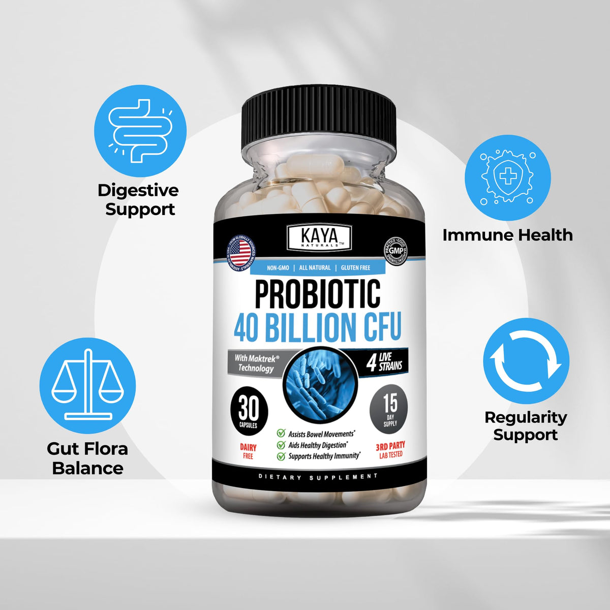 Kaya Naturals Probiotique 40 Milliards CFU 30 Capsules sur fond blanc