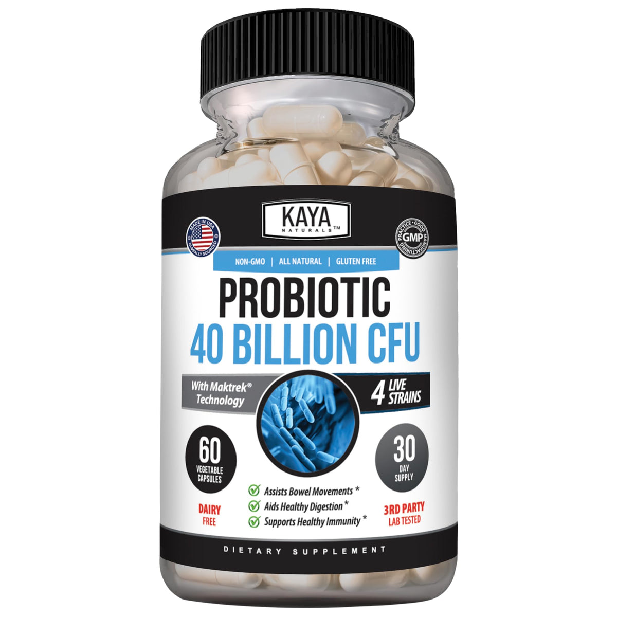 Kaya Naturals Probiotique 40 Milliards CFU 60 Capsules, vue de face