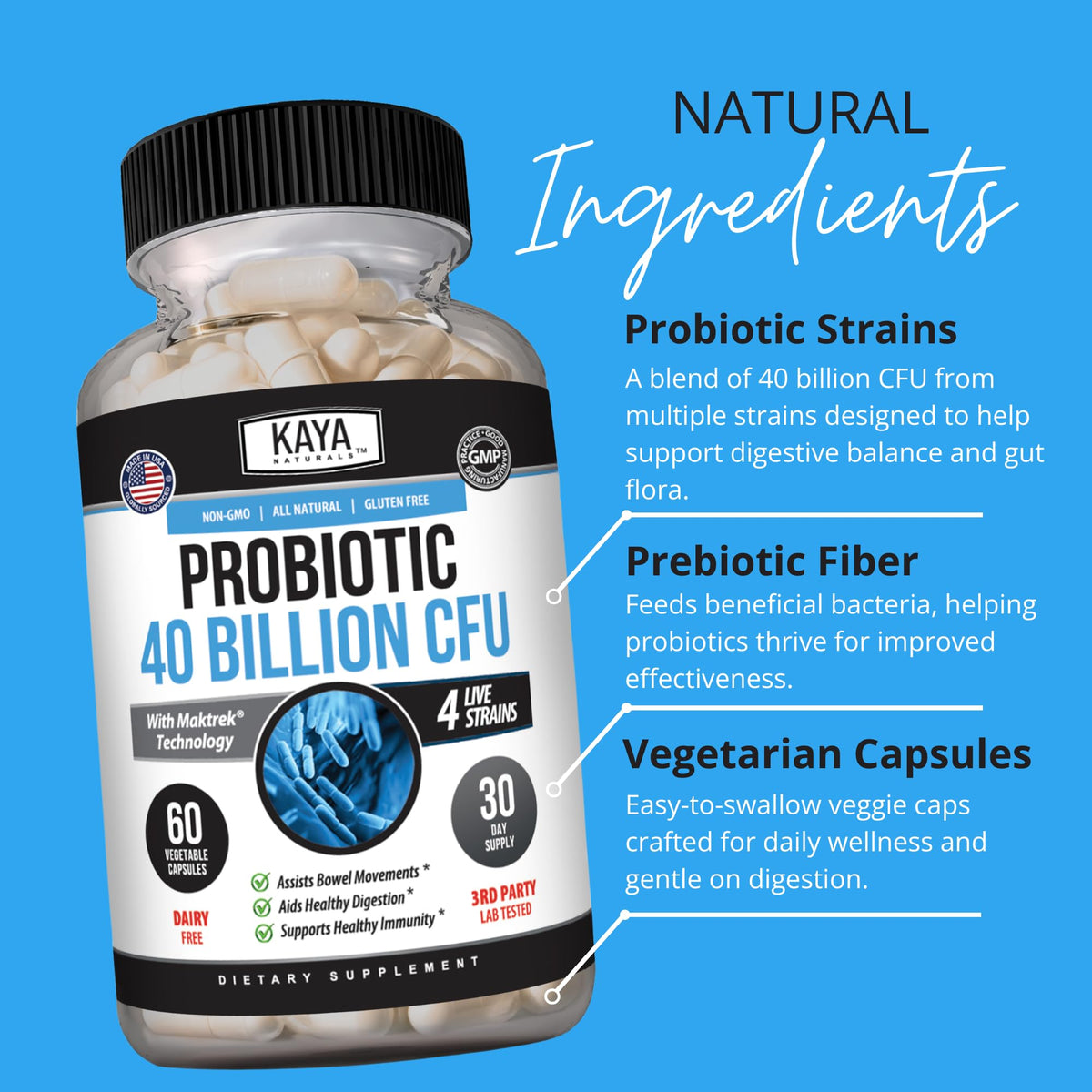 Kaya Naturals Probiotique, boîte ouverte avec capsules visibles