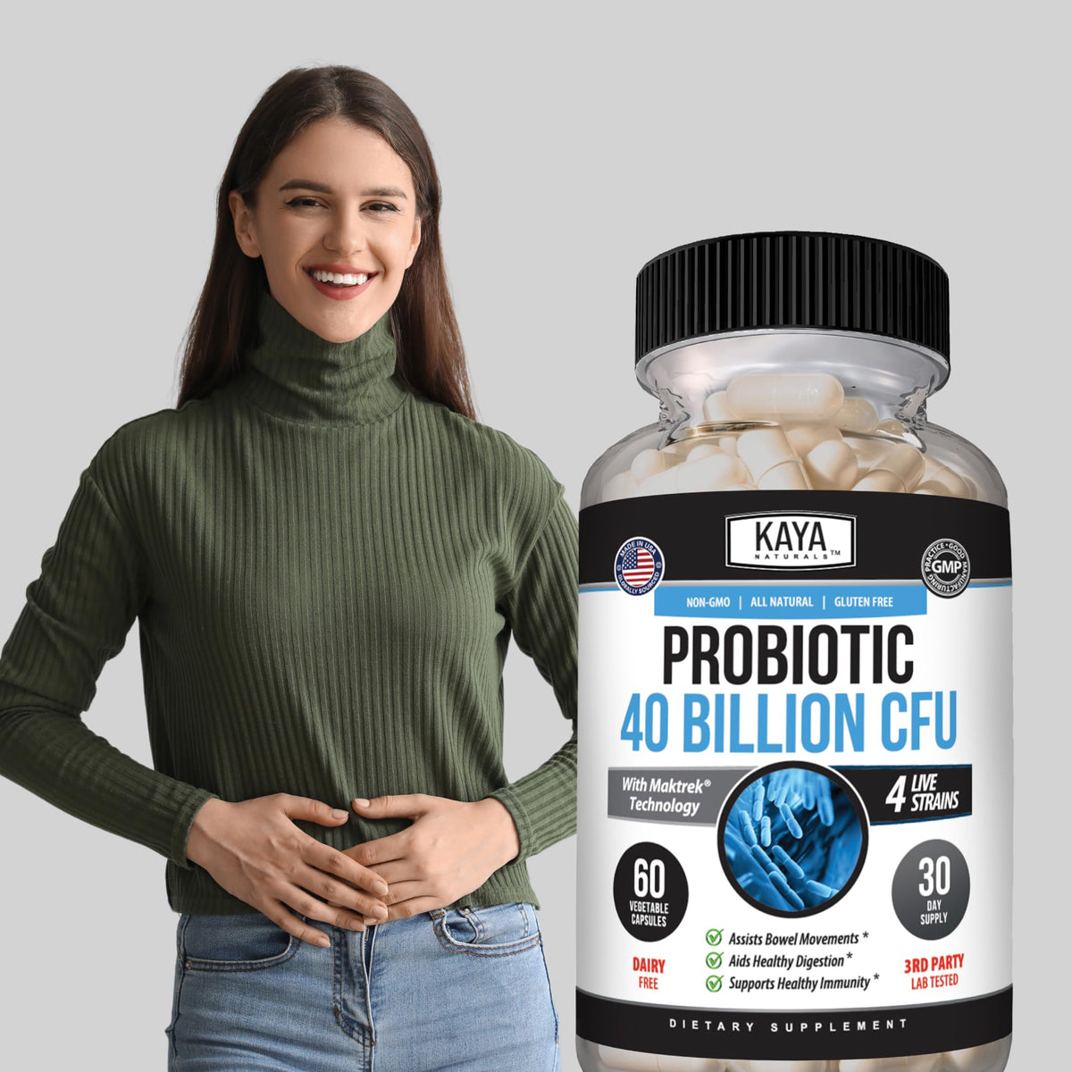 Kaya Naturals Probiotique, capsules sur un fond neutre