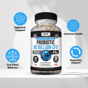 Kaya Naturals Probiotique, capsules sur une surface en bois