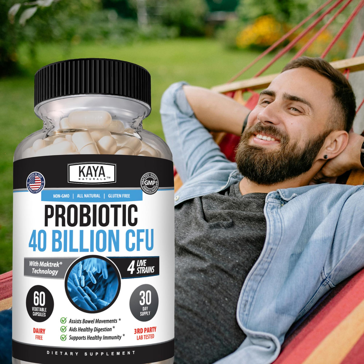 Kaya Naturals Probiotique, étiquette de produit en gros plan