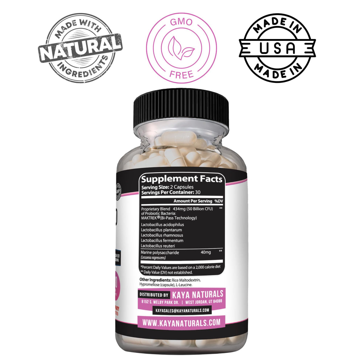 Kaya Naturals Probiotiques 60 capsules avec étiquette