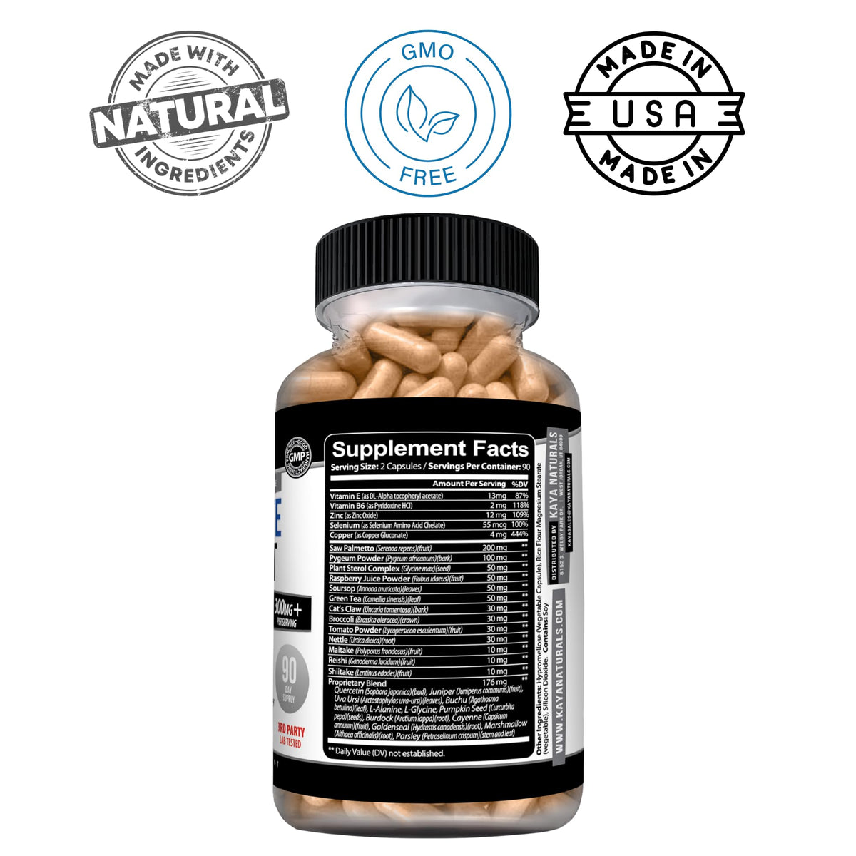 Kaya Naturals Prostate Support, étiquette avec ingrédients