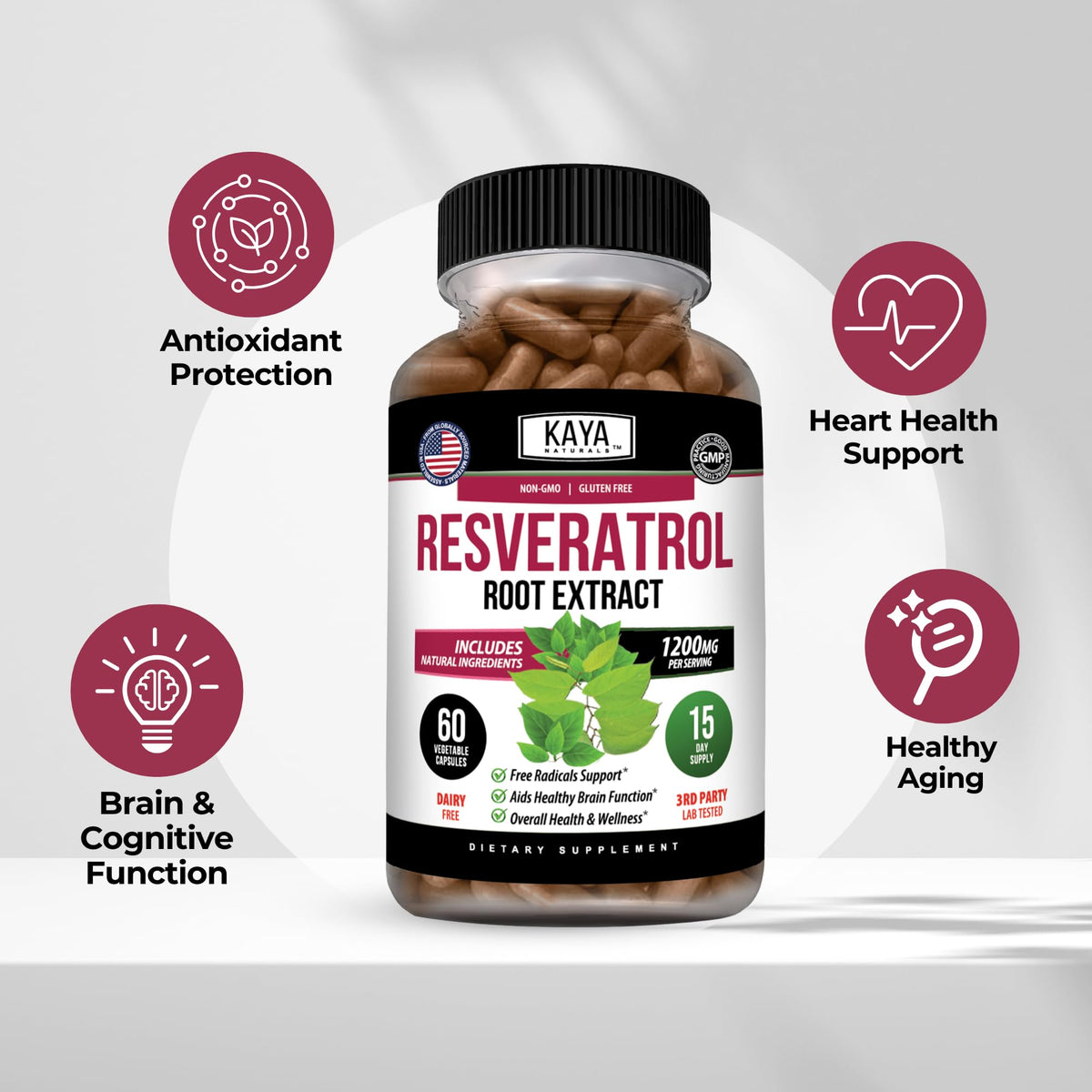 Kaya Naturals Resveratrol capsules, flacon ouvert avec capsules