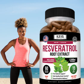 Kaya Naturals Resveratrol capsules, flacon sur fond blanc