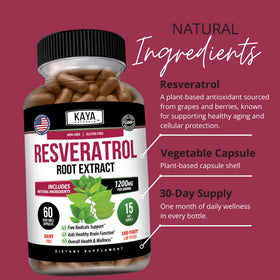 Kaya Naturals Resveratrol capsules sur une table en bois