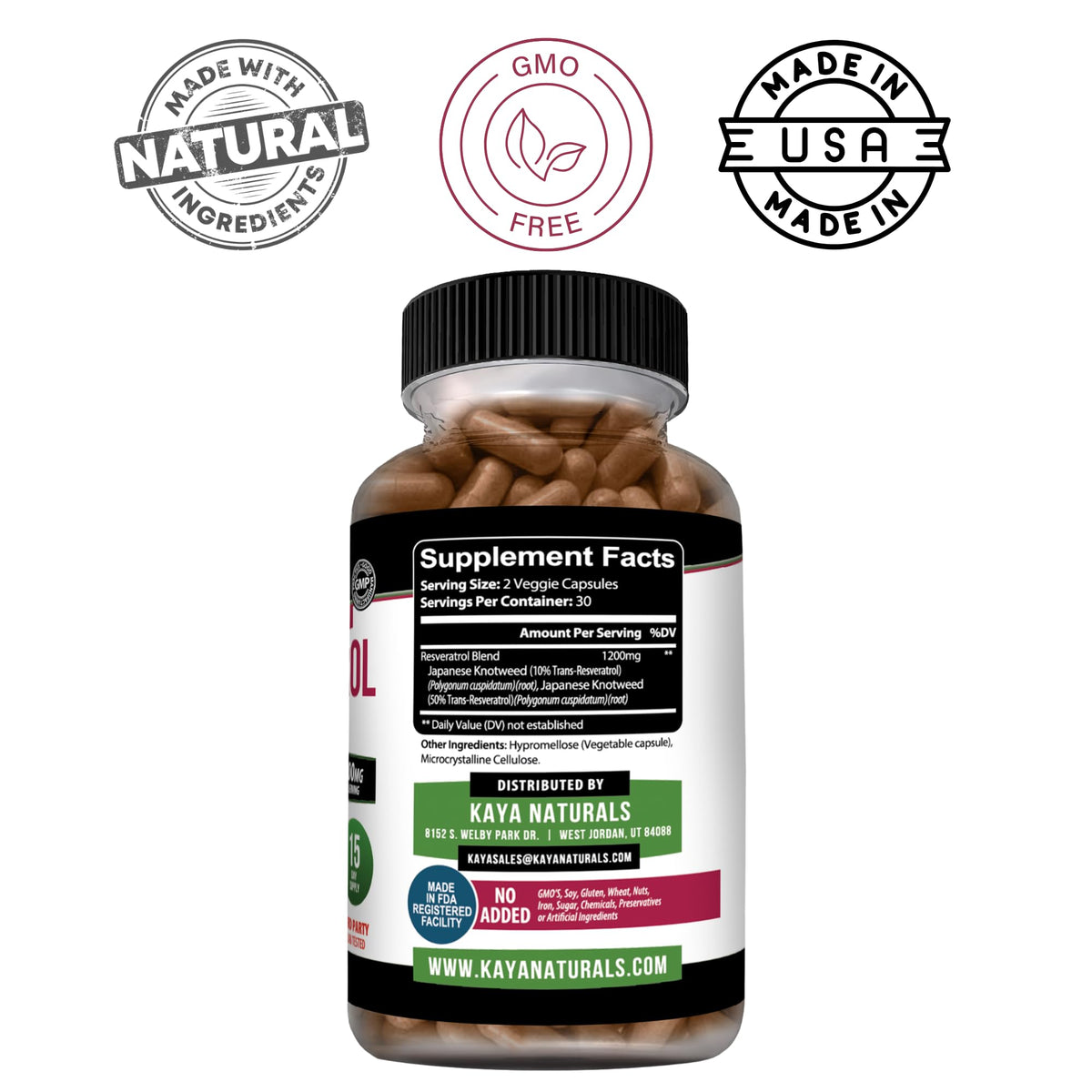 Kaya Naturals Resveratrol capsules, vue de côté