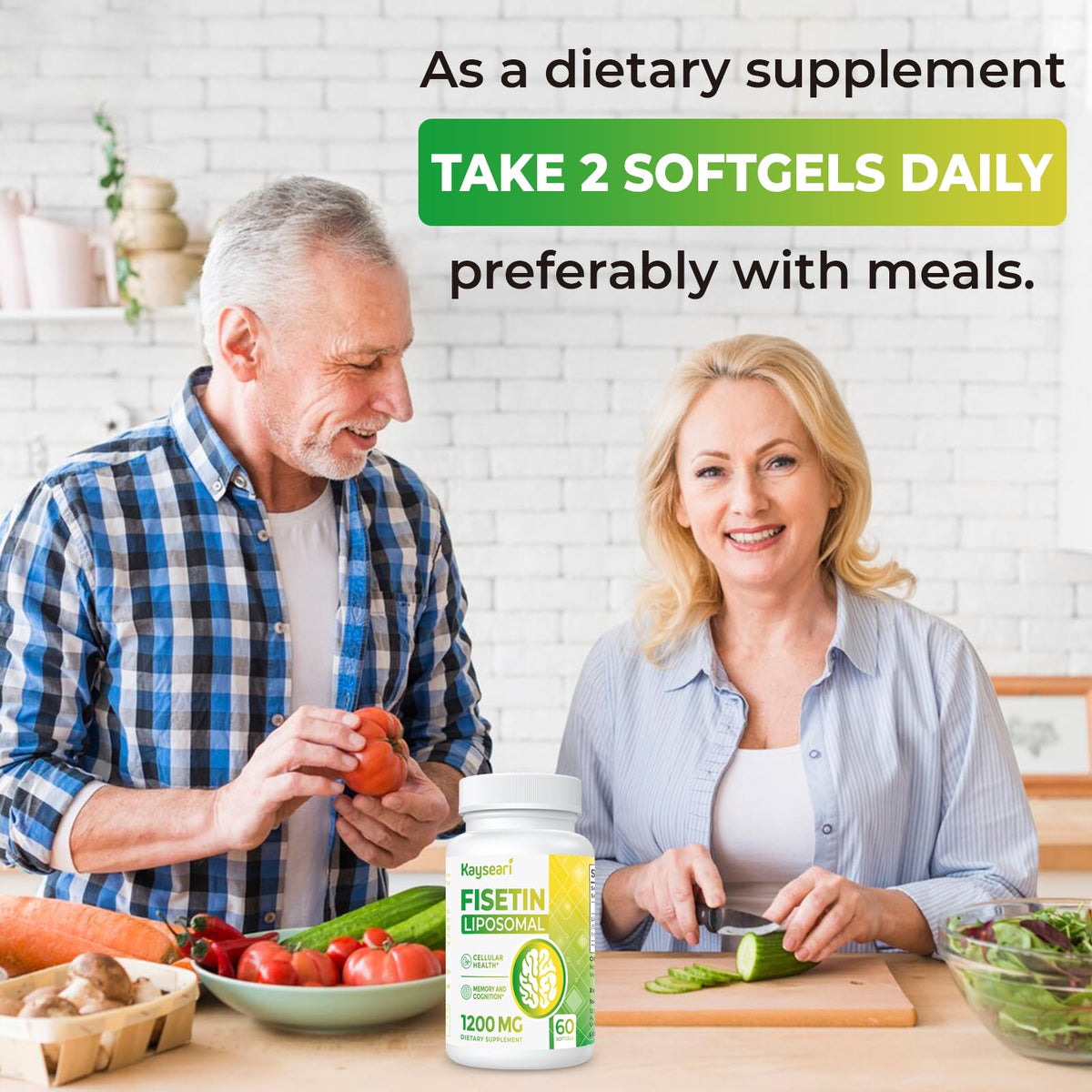 Kayseari Fisetin 1200mg capsules à côté d'un repas