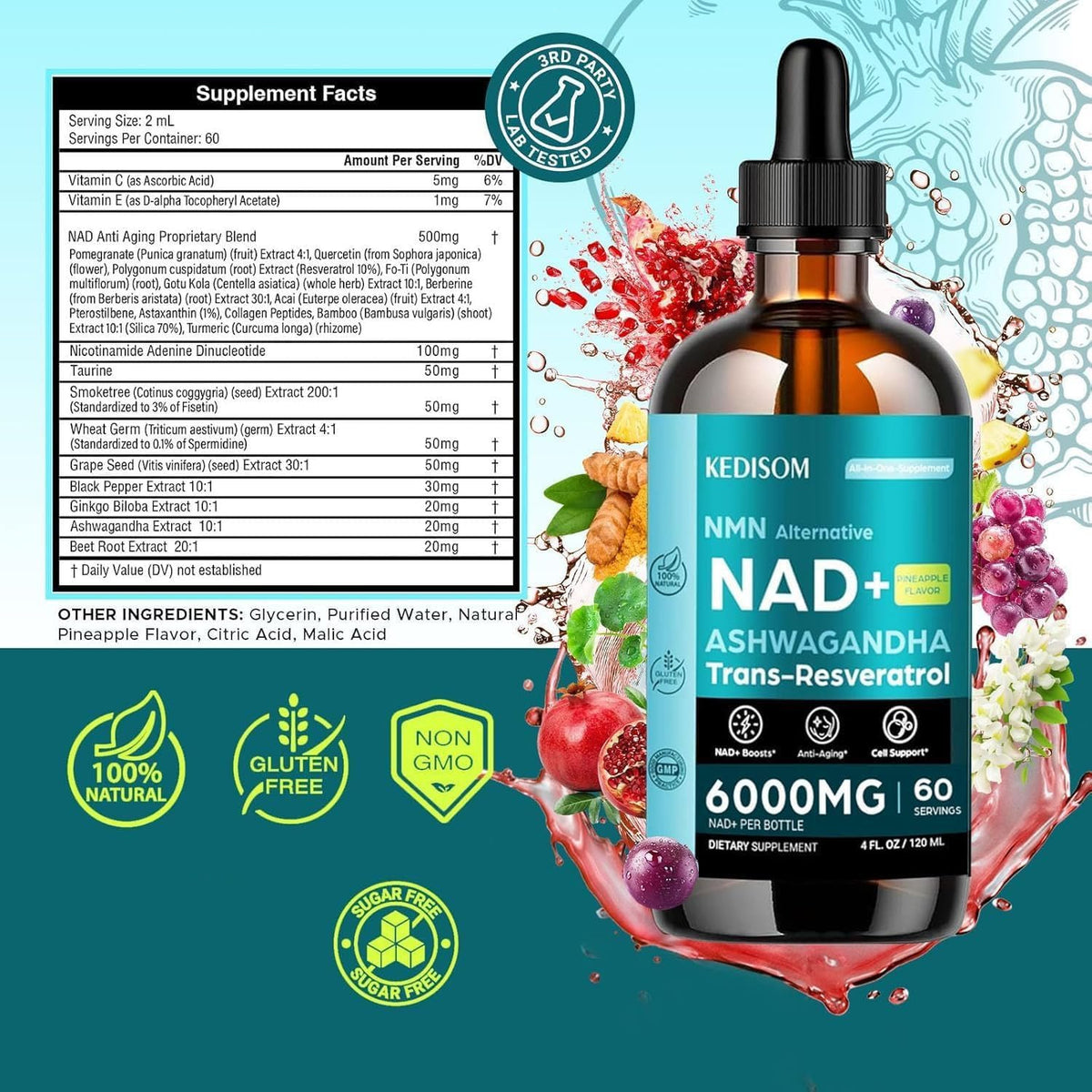 KEDISOM Complément Alimentaire Liposomal NAD+ 23-en-1 120ml sur fond blanc