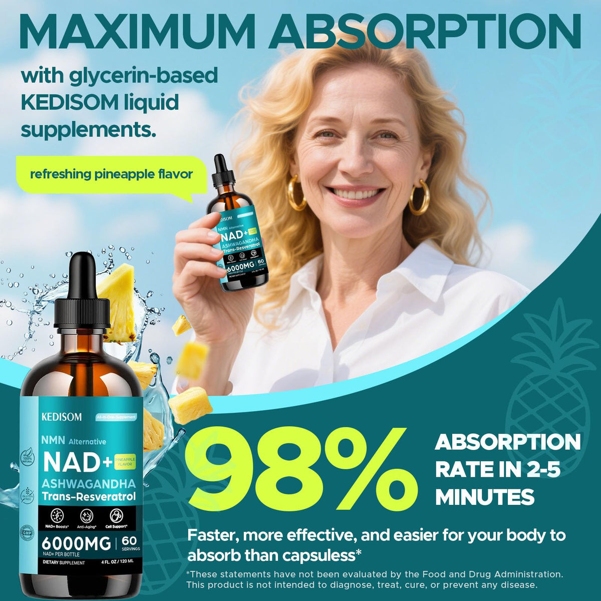 KEDISOM NAD+ Liposomal 120 ml sur un plan de travail