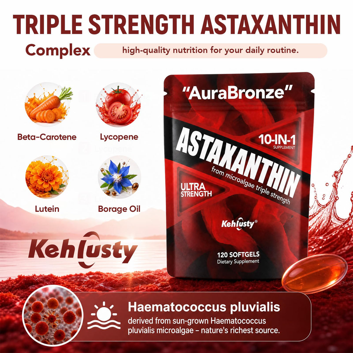 KEHLUSTY Astaxanthin 12mg 10-en-1 complexe gélules