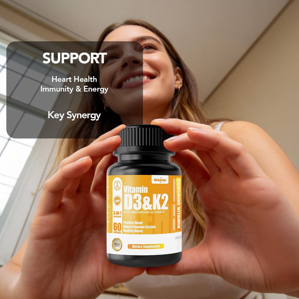 KEHLUSTY D3 K2 Magnésium Glycinate bouteille avec étiquette