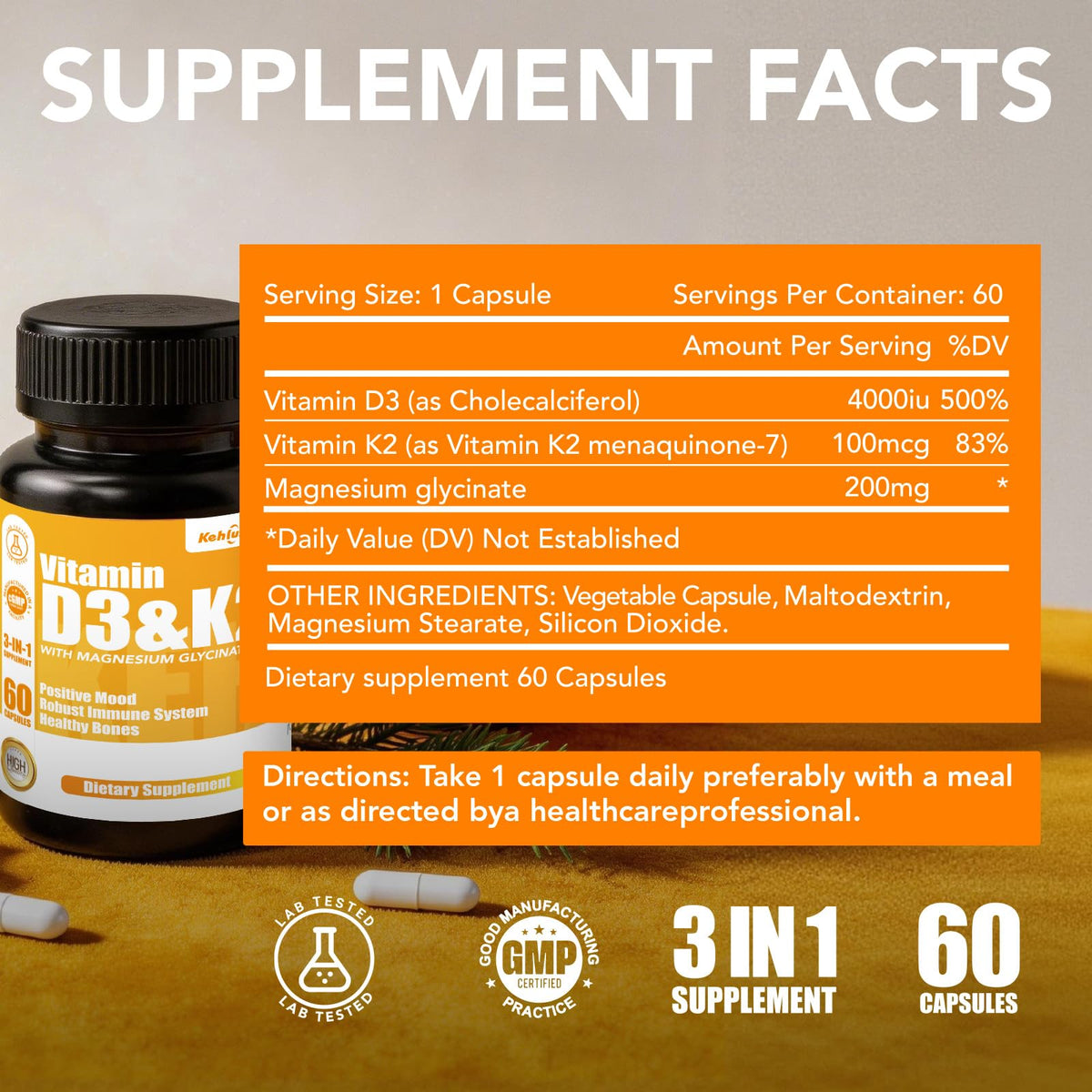 KEHLUSTY D3 K2 Magnésium Glycinate capsules ouvertes sur une table