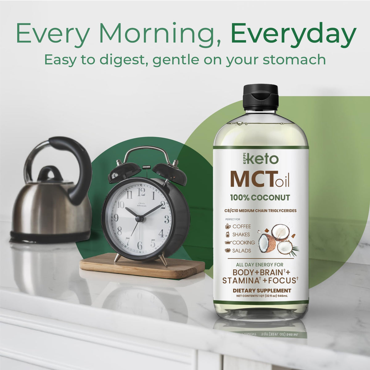 Keppi Huile MCT 32 oz, présentation sur une table de cuisine