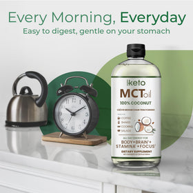 Keppi Huile MCT 32 oz, présentation sur une table de cuisine