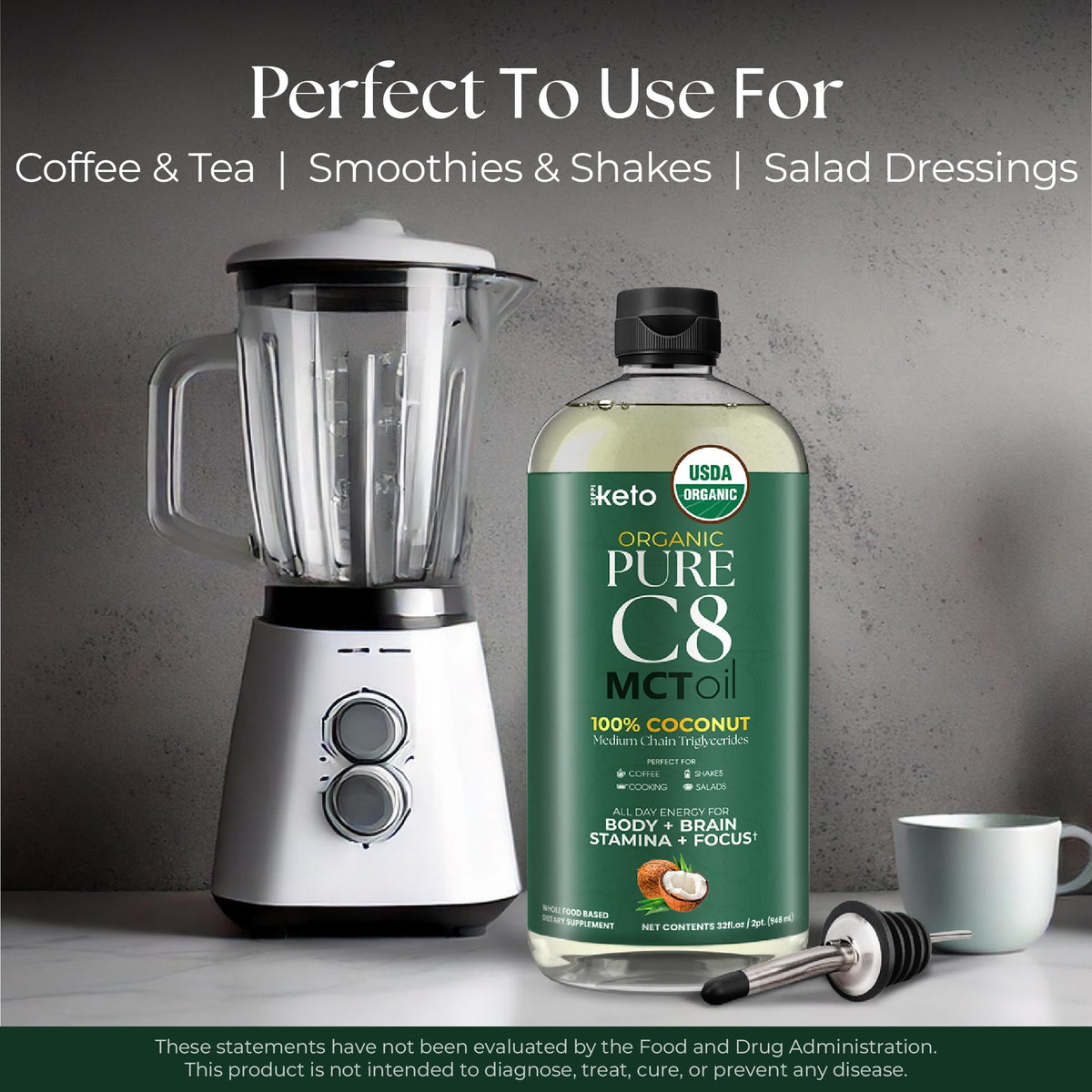 Keppi Huile MCT C8 Bio 32 oz versée dans un verre