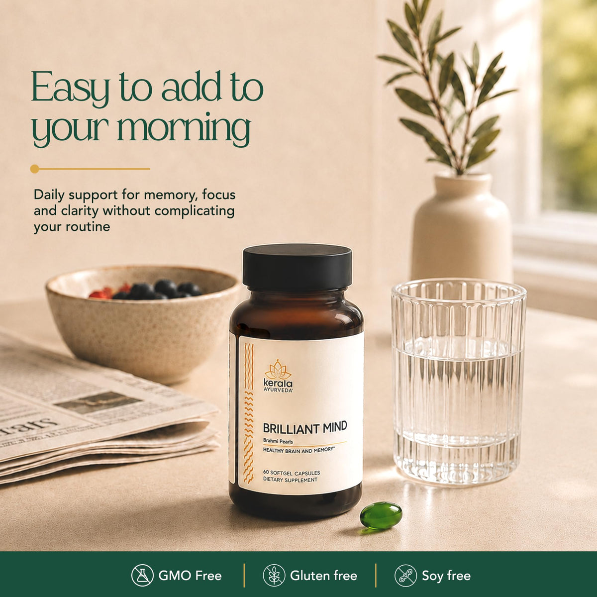 Kerala Ayurveda Brahmi Pearls sur une table de travail