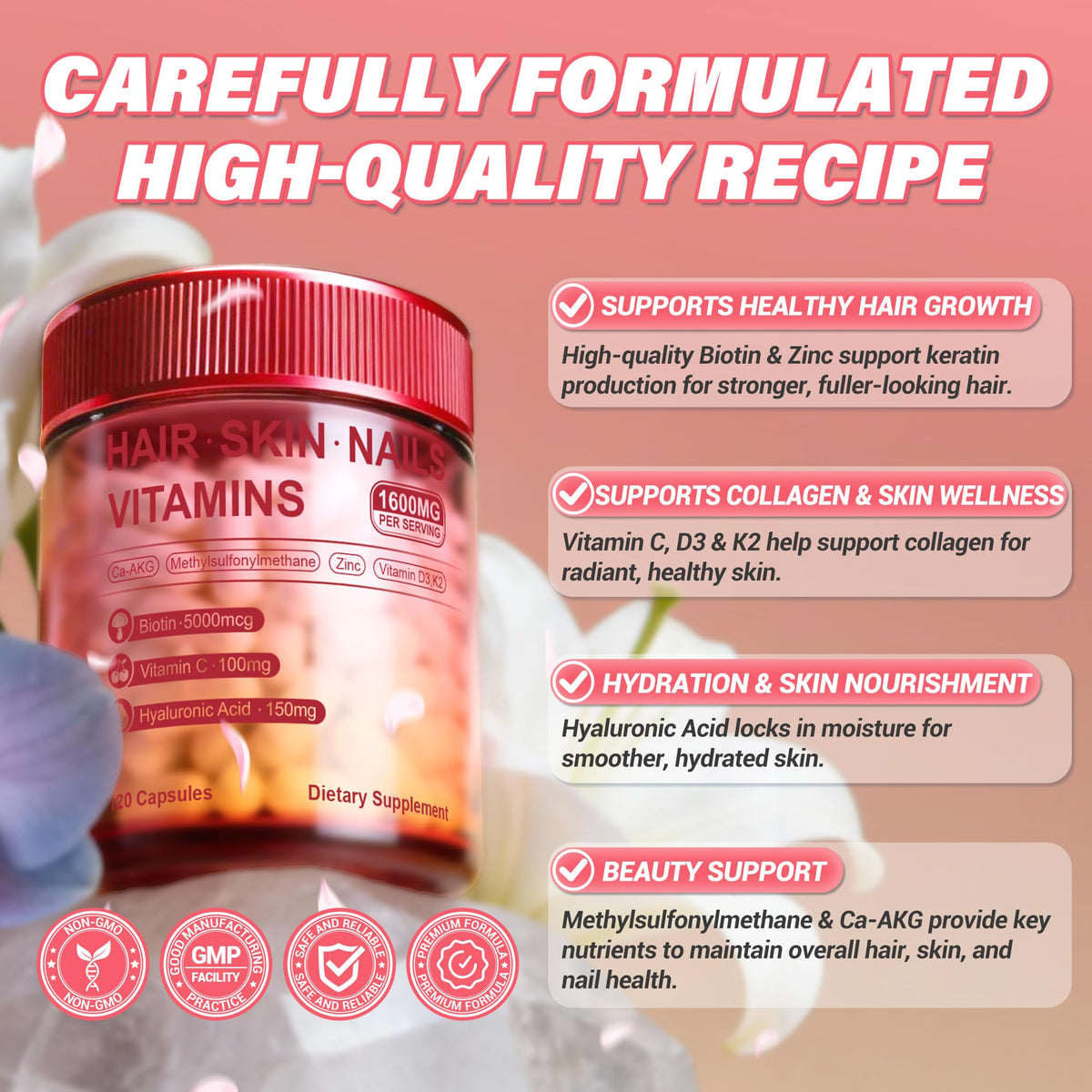 Kereeao Vitamines Cheveux Peau Ongles, capsules sur un fond blanc