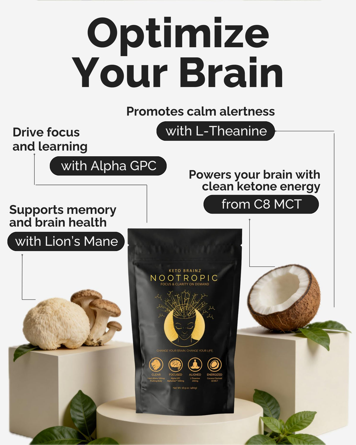 Keto Brainz Crème Nootropique C8 MCT cuillère avec poudre