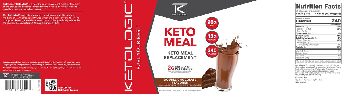 KetoLogic Shake de Remplacement de Repas Chocolat, 20 portions