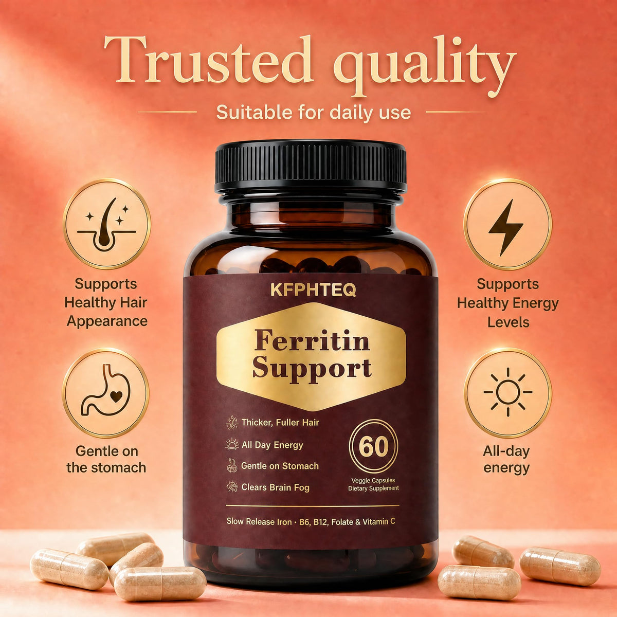 KFPHTEQ Complément Alimentaire Fer 60 Capsules avec vitamine C et B12