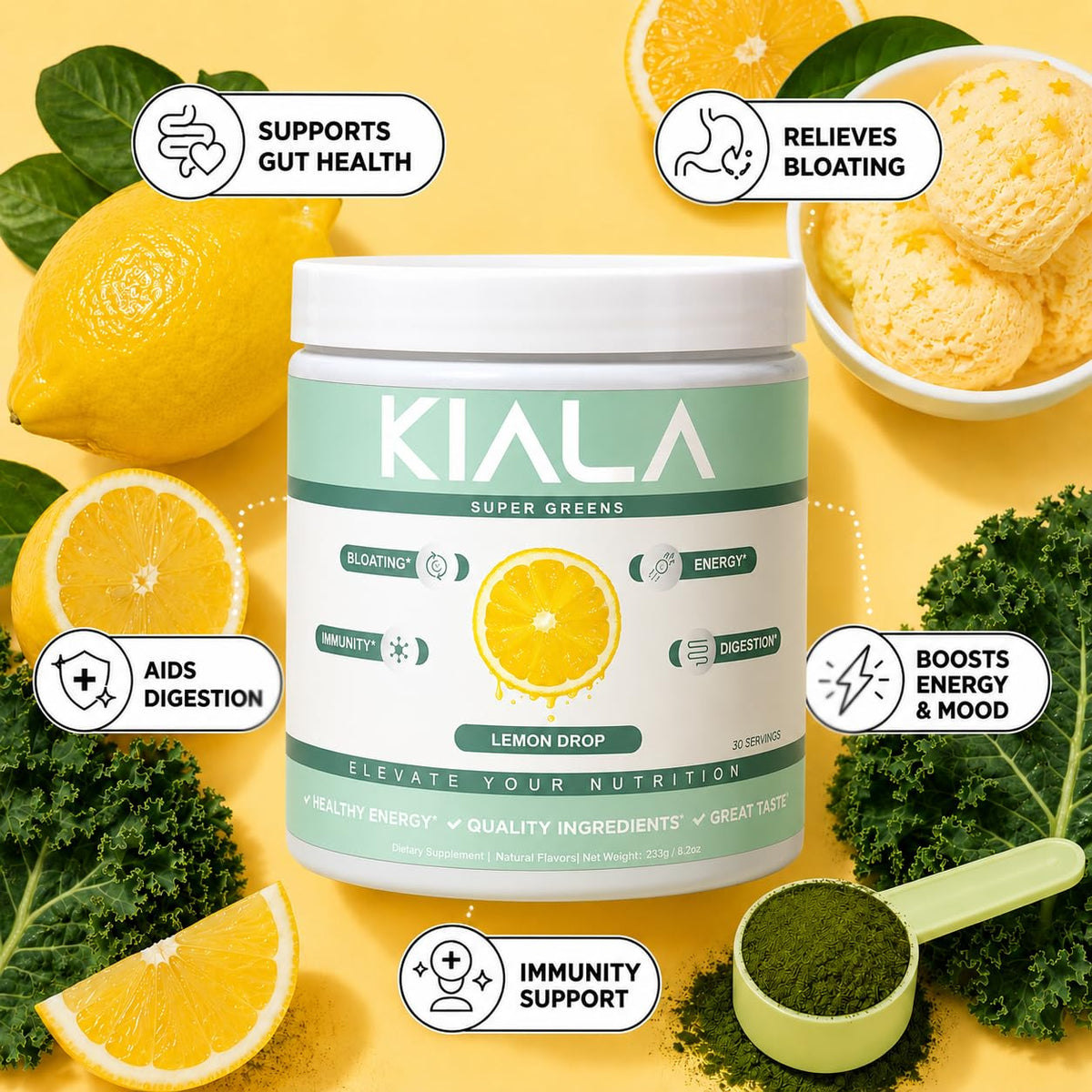 Kiala Nutrition Poudre de Super Greens, emballage et informations nutritionnelles