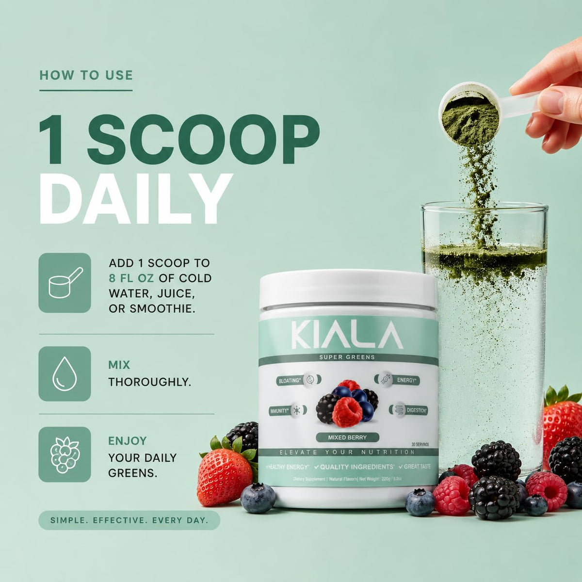 Kiala Nutrition Poudre Super Greens 299g avec ingrédients naturels