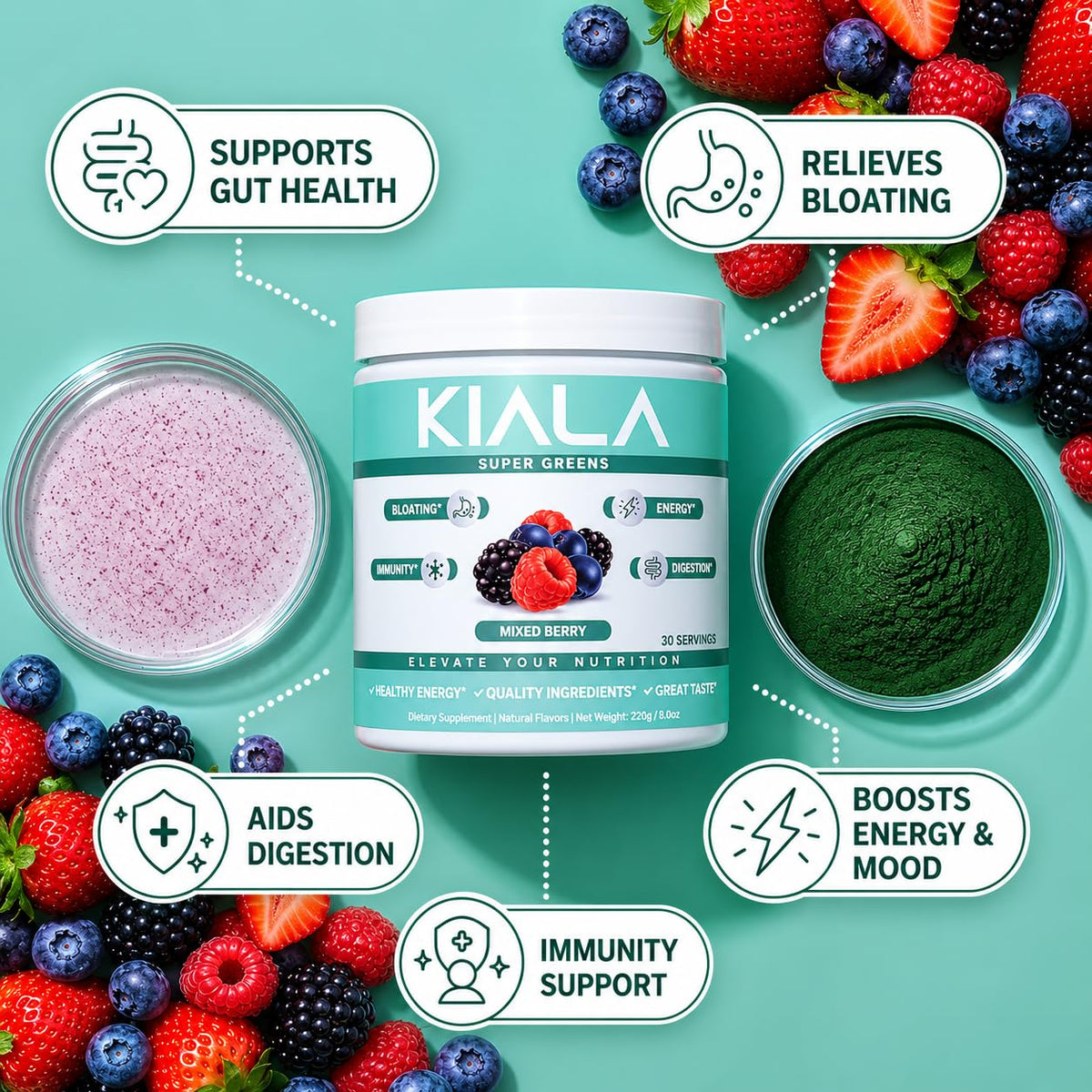 Kiala Nutrition Poudre Super Greens 299g vue de dessus avec cuillère