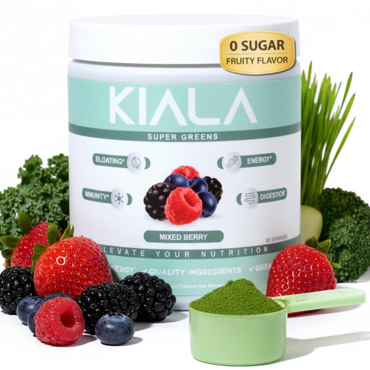 Kiala Nutrition Poudre Super Greens 299g vue de face avec étiquette framboise