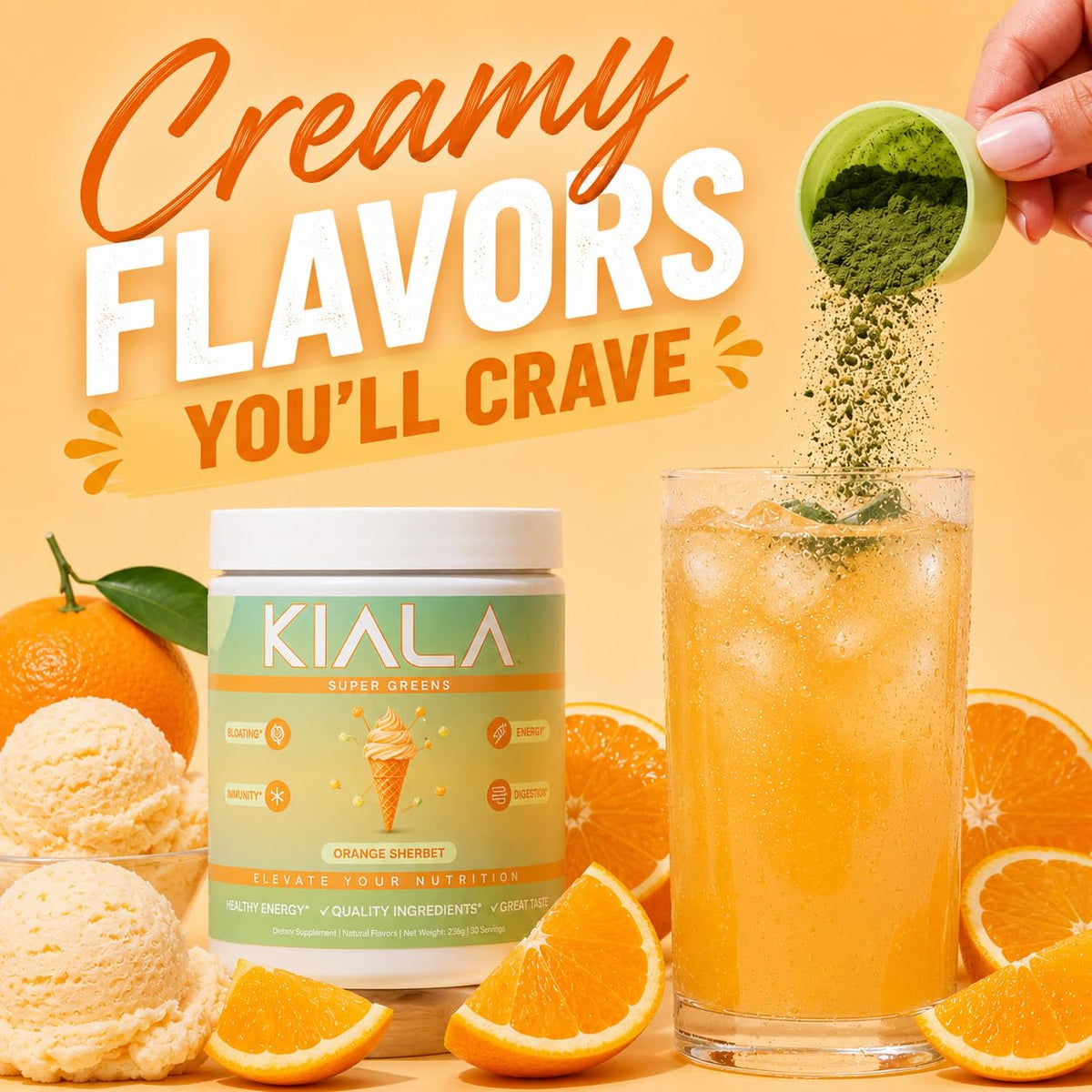 Kiala Nutrition Poudre Super Greens Orange Sherbet 322g - cuillère dans la poudre