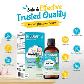 Kiddivit Complément Alimentaire Liquide Calcium sur une table avec une cuillère doseuse