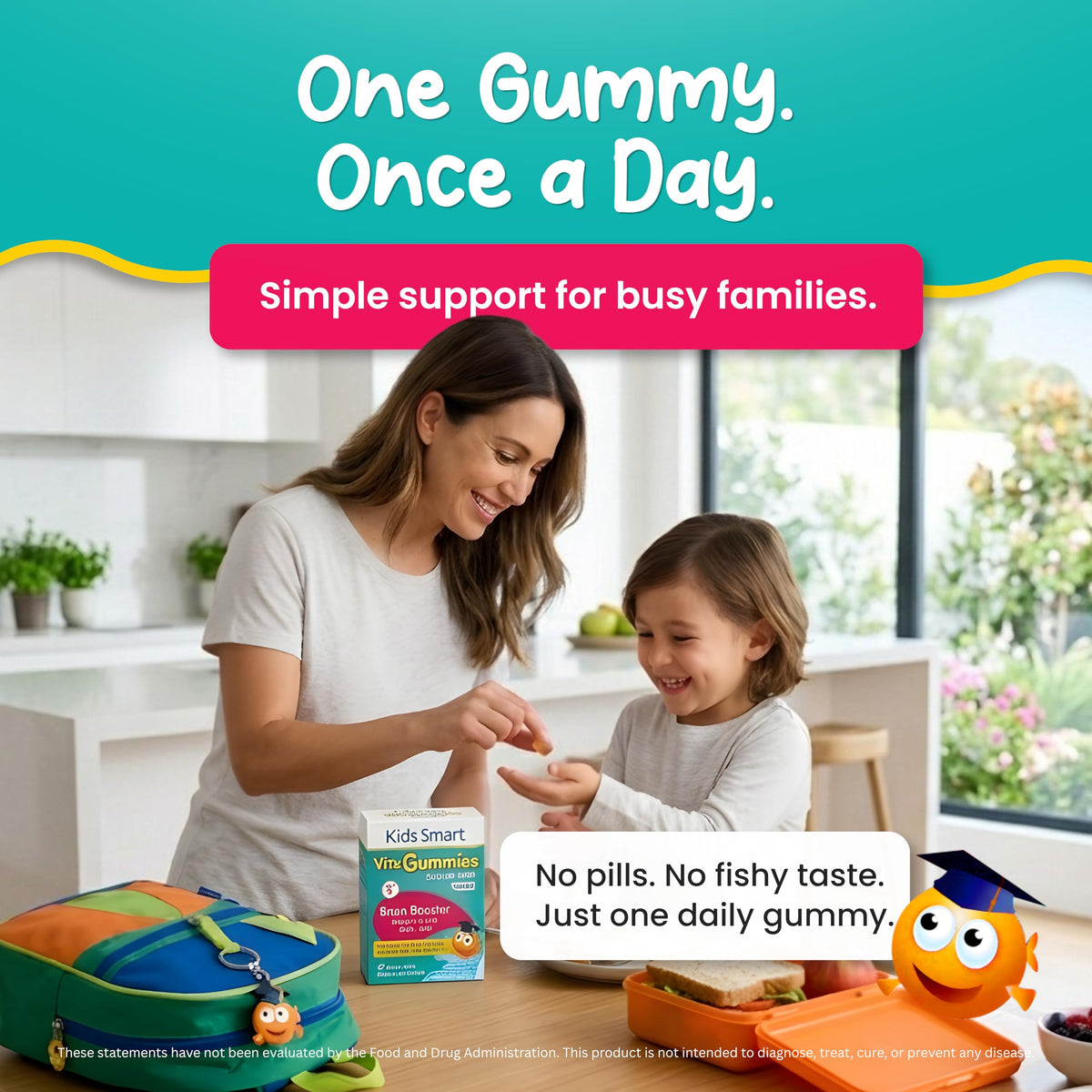 KIDS SMART Gummies Oméga-3 DHA EPA avec des fruits frais en arrière-plan