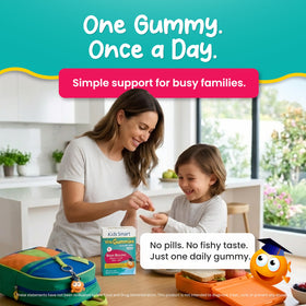 KIDS SMART Gummies Oméga-3 DHA EPA avec des fruits frais en arrière-plan