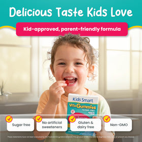 KIDS SMART Gummies Oméga-3 DHA EPA près d'un enfant souriant