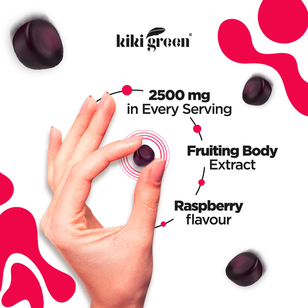 KIKI Green Gummies Champignons avec des ingrédients naturels en arrière-plan