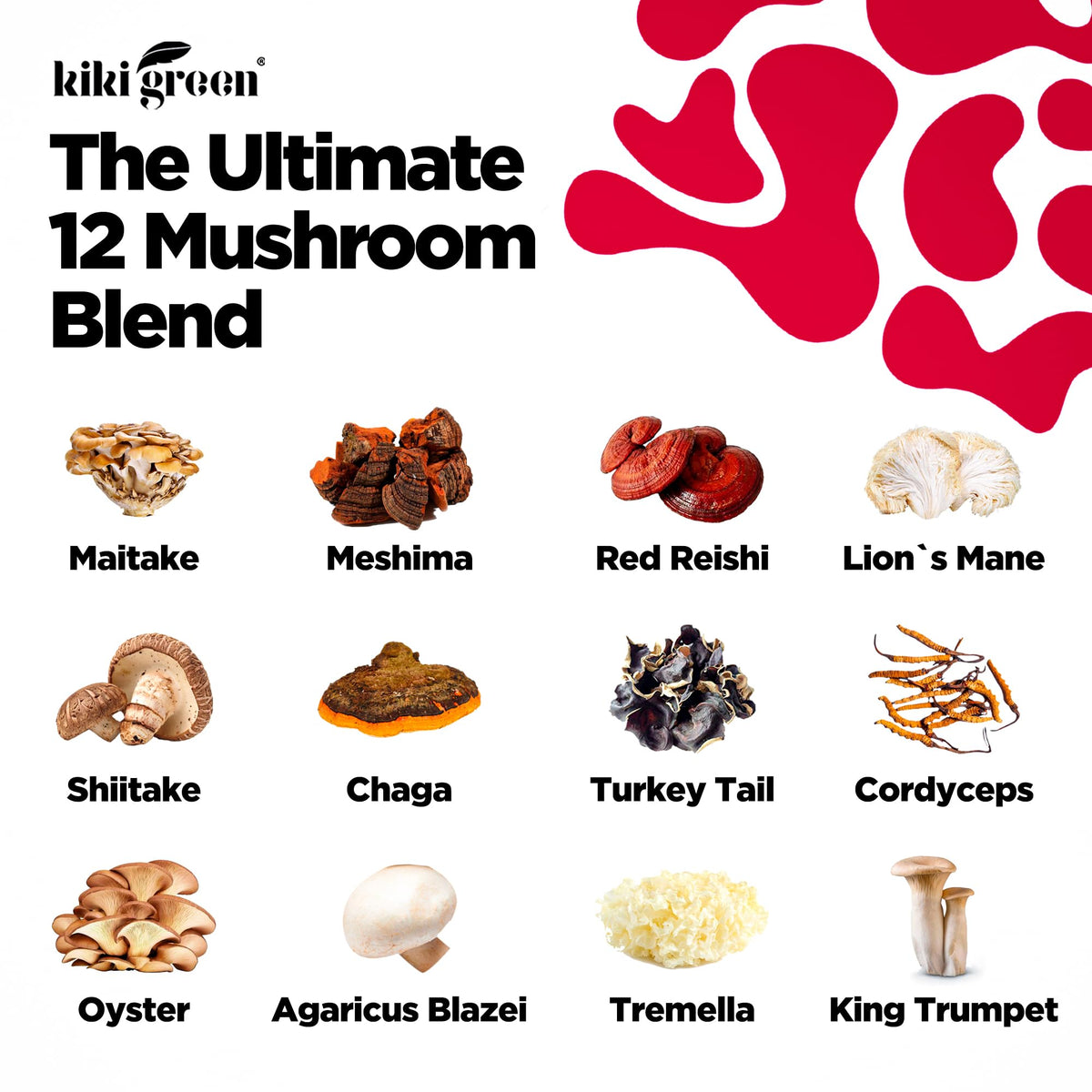 KIKI Green Gummies Champignons sur une table avec des fruits