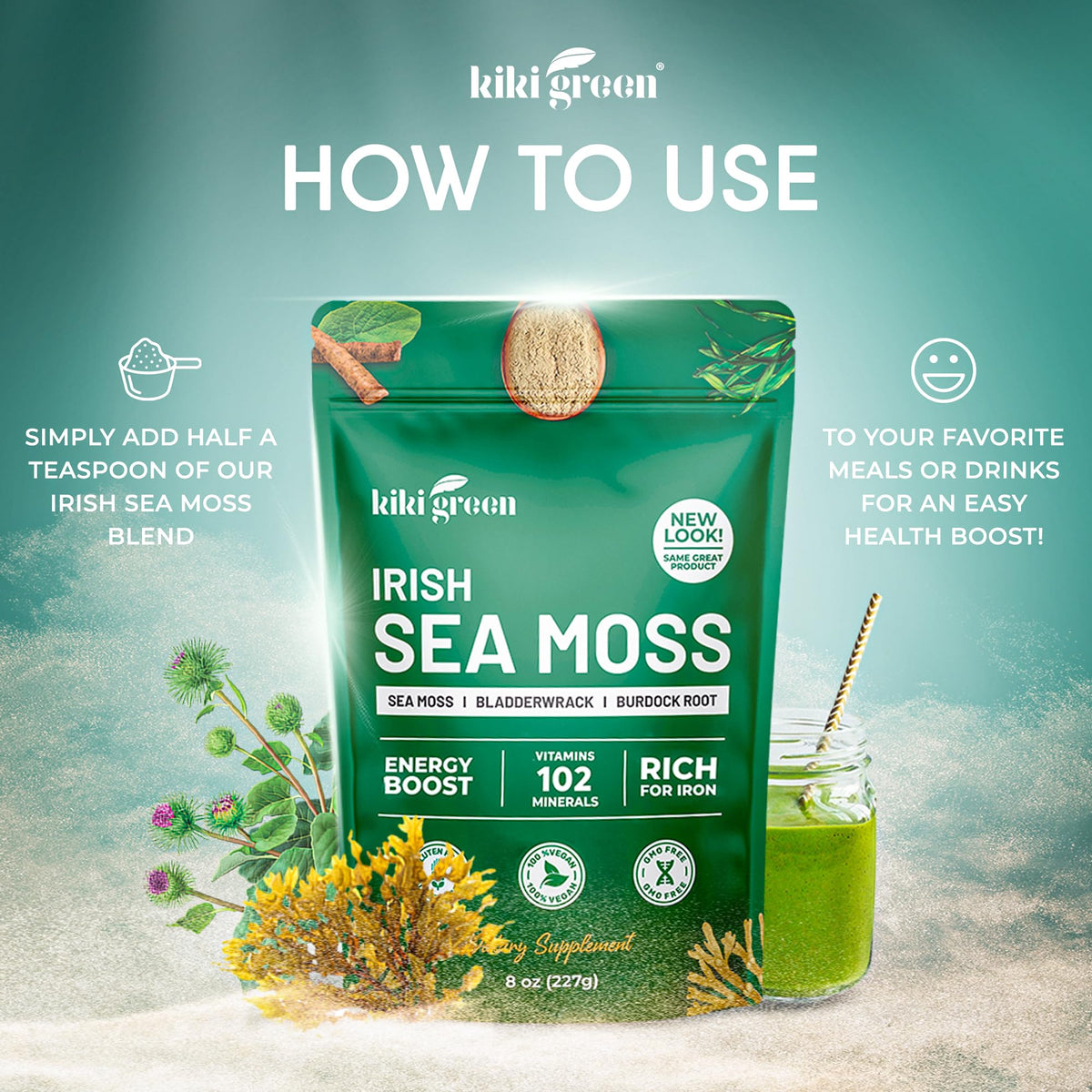KIKI Green Poudre d'Algue Marine Irlandaise 240g à côté d'un smoothie