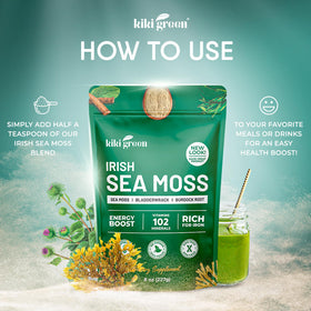 KIKI Green Poudre d'Algue Marine Irlandaise 240g à côté d'un smoothie