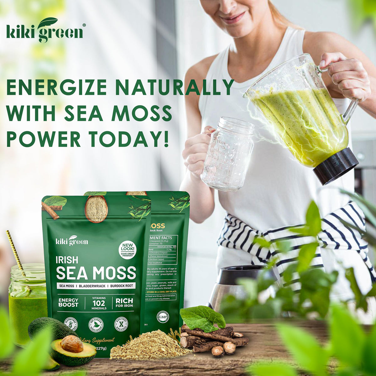 KIKI Green Poudre d'Algue Marine Irlandaise 240g ouverte avec un sachet en arrière-plan