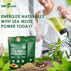 KIKI Green Poudre d'Algue Marine Irlandaise 240g ouverte avec un sachet en arrière-plan
