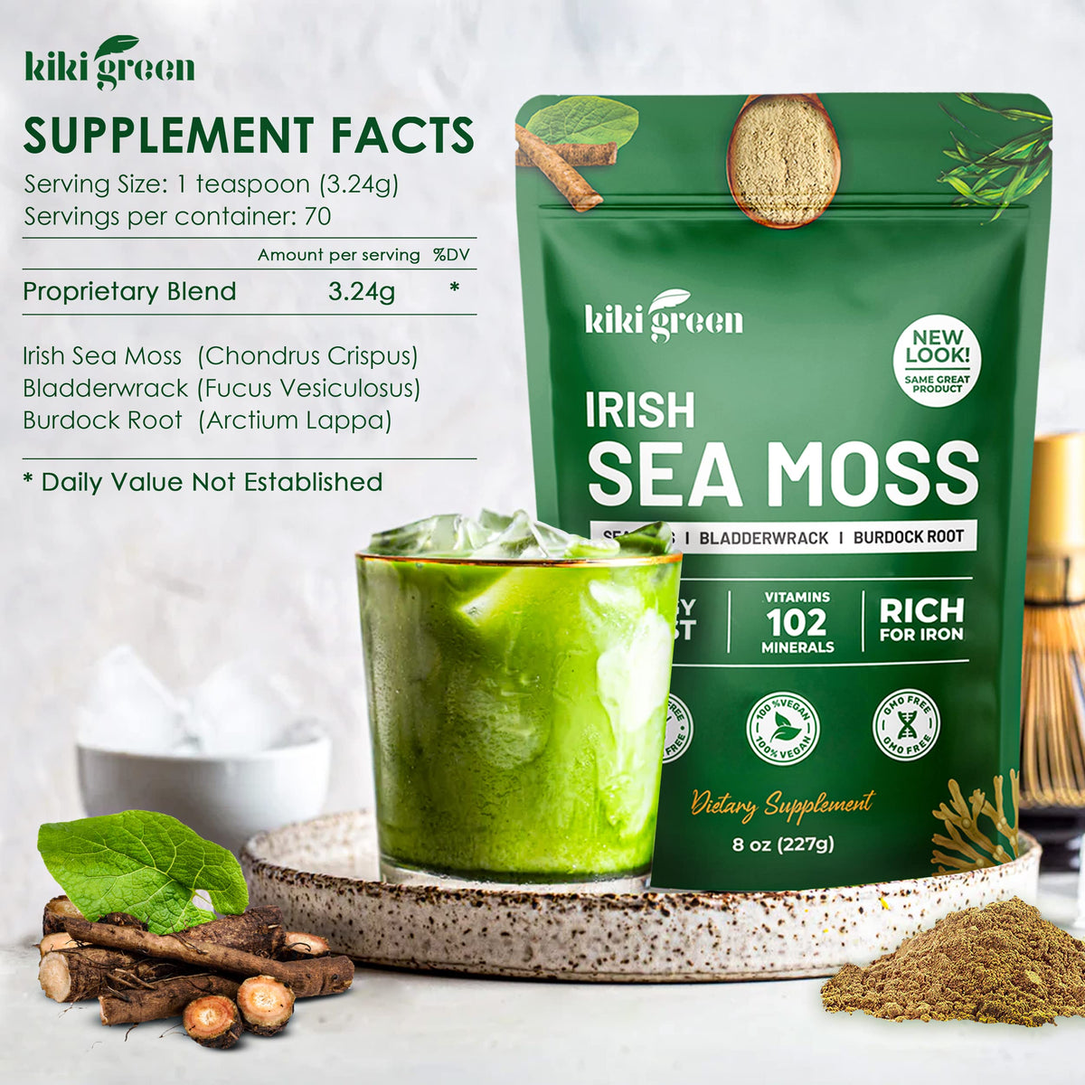 KIKI Green Poudre d'Algue Marine Irlandaise 240g sur une table avec des ingrédients