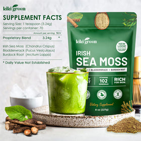 KIKI Green Poudre d'Algue Marine Irlandaise 240g sur une table avec des ingrédients